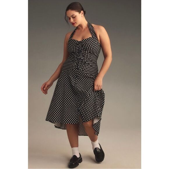 NEW Anthropologie Maeve Black Polka Dot Halter Ruched High Low Dress Plus 22W - Picture 2 of 9